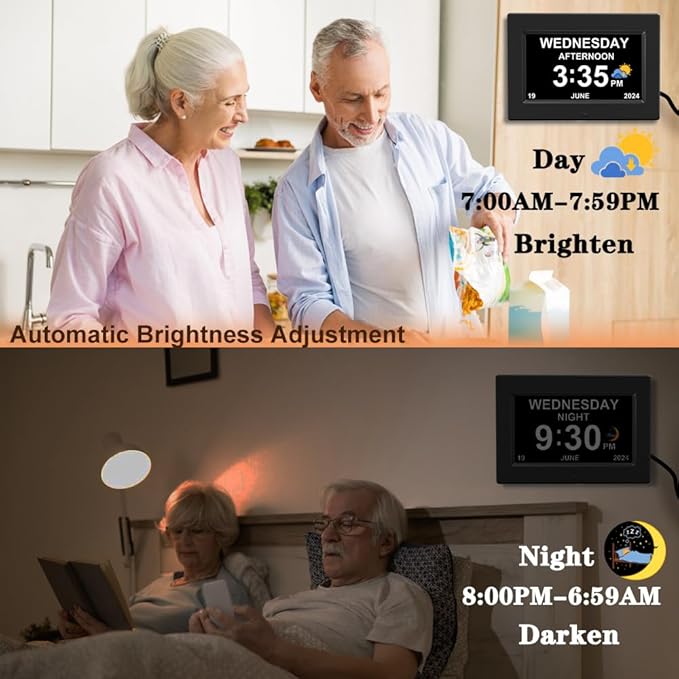 AINFTIME DST Digital Clock with Date and Day of Week for Elderly-12 Alarms Medication Reminder Dementia Alzheimers Clock Calendar with Extra Large Display (7 inch Black)