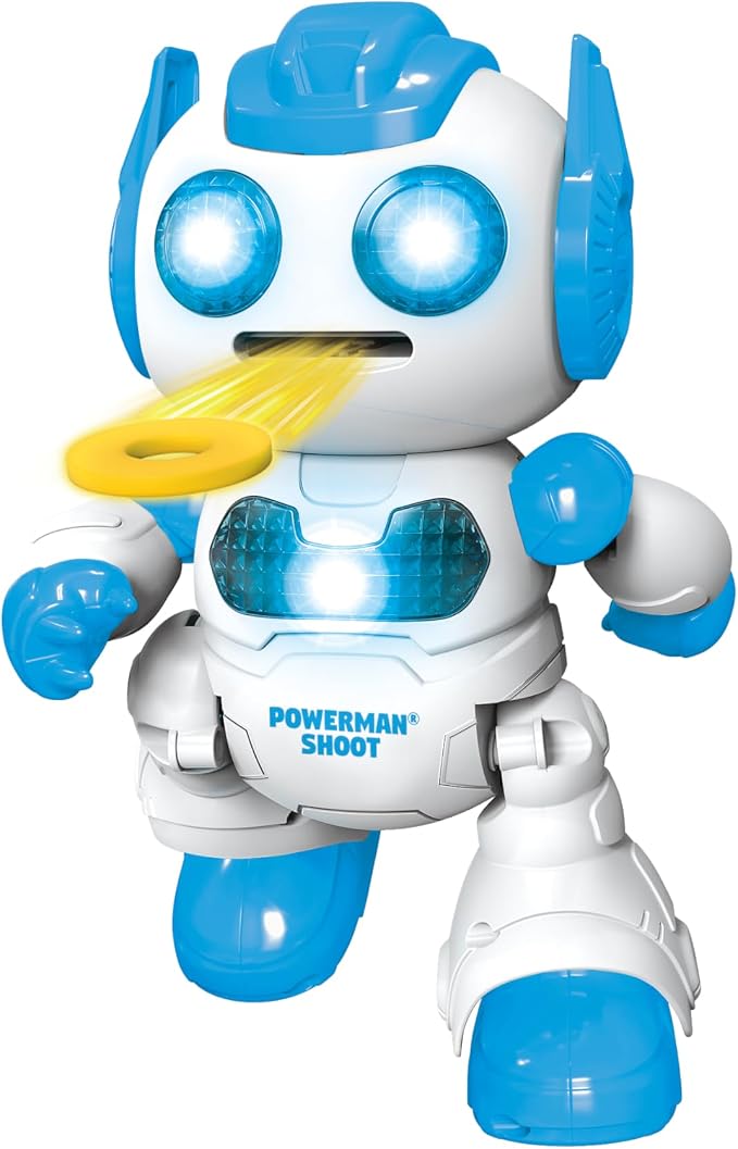 LEXiBOOK, Powerman Shoot - My First Throwing-disc Robot, Programmable Remote Control Robot, Plays Music and Dances, Sound and Light Effects, 12 Foam Discs, ROB17