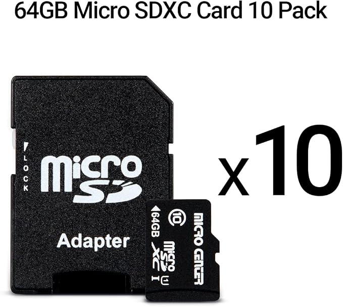 Micro Center 64GB Class 10 MicroSDXC Flash Memory Card 10 Pack with Adapter for Mobile Device Storage Phone, Tablet, Drone & Full HD Video Recording - 80MB/s UHS-I, C10, U1 (10 Pack)