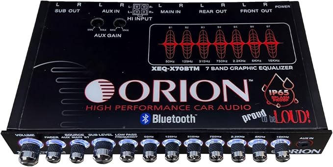 Orion XEQ-X70BTM 7-Band Graphic Equalizer W/Bluetooth -Marine Grade IPX5 Rated, Subwoofer Control, Front 3.5mm AUX Input, Rear RCA, High Level Speaker Input, Half-DIN Size for Boats, ATVs, UTVs, Cars