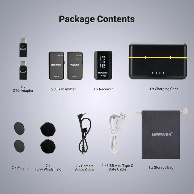 NEEWER CM28 Wireless Lavalier Microphone, Smart Noise Cancelling Lav Mic, 48KHz/16Bit 9hrs Uncompressed Recording, 200m Range, 4GB Storage for iPhone, Android, Camera, 1 RX + 2 TX + Charging Case