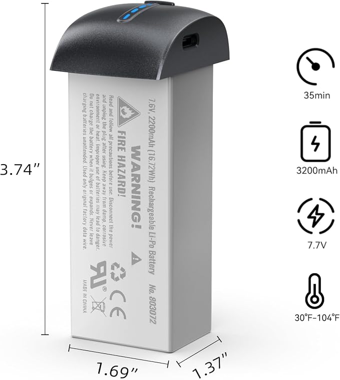 Bwine Original Battery for Drone F7GIM, 7.7V 3200mAh Rechargeable Lithium Battery with Type-C Cable, Support PD & QC 3.0 Fast Charging, Dark Grey