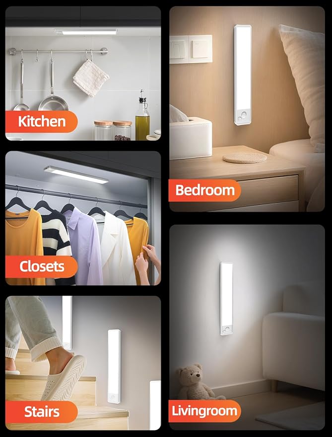 Under Cabinet Rechargeable Lighting: 8 Inch Motion Sensor Dimmable Lights Indoor - Battery Operated Lights - Wireless Closet Light Magnetic Led Light for Kitchen Home Bathroom Counter 4 Pack