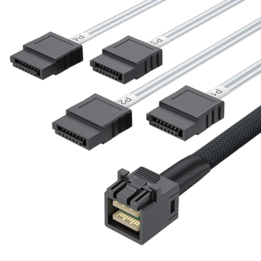 10Gtek MiniSAS HD SFF-8643 Breakout to 4xSATA Cable, for Server JBOD/Storage Tray & SAS RAID Controller Compatibility, 0.5m(1.6ft)
