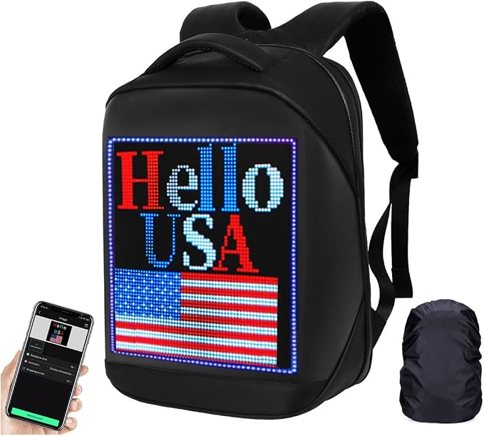 Welaso Smart Bluetooth LED Backpack with Colorful LED Sign Panel and Programmable, DIY Laptop Daypack Bag,Black (Medium 21L,with Rain Cover)