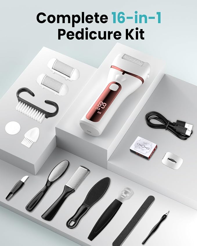 PUBOO Foot Callus Remover Electric 10000 RPM 3-Speed IPX7 Recharge Pedicure Kit for Hard Skin Women & Men Portable Multi-Roller File Grinder Sander Scrubber, LED Display for Wet & Dry Mathers Day Gift