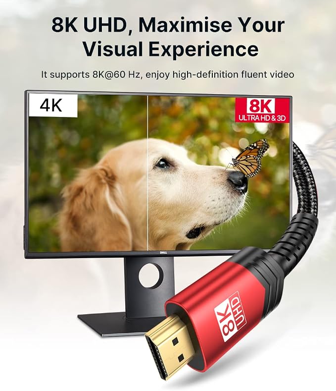 JSAUX 8K HDMI Cable 2.1, 48Gbps Ultra High Speed HDMI Cable Braided Cord (4K@144Hz, 4K@120Hz, 8K@60Hz) HDCP 2.2&2.3 HDR 10 eARC ARC, Compatible with Switch 2/PS5/Laptop/Monitor/HDTV/-Red,6ft