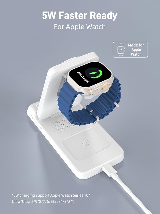 3 in 1 Charging Station for Apple, ELECDOV Magnetic Charger for iPhone, Foldable Wireless Charger with Clock, Travel Watch Charger Stand for iPhone 17/Air/16/15 Series, iWatch 10/AirPods 4 (White)