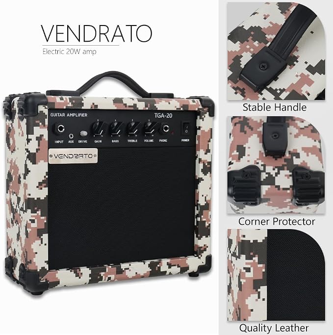 Electric Guitar Amplifier Camo Pixel Color 20W Guitar Amp Portable Practice 6.5Inch Speaker Input Jack Aux Drive Gain Bass Treble Volume Headphone Multi Function Suitable for Beginner Starter