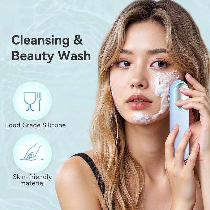 Silicone Facial Cleansing Brush with Heating & Vibration – Rechargeable Face Cleansing Device with Soft Silicone Bristles for Daily Skincare Routine