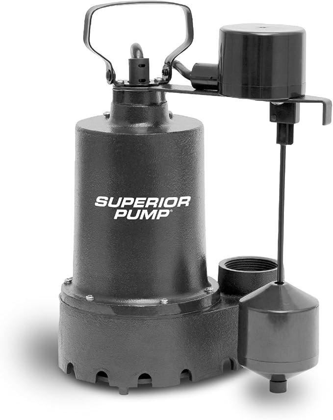 Superior Pump 92053 Cast Iron Submersible Sump Pump with Vertical Switch, plus 1-1/2-Inch Rubber Boot Check Valve, 1/2 HP, Kit