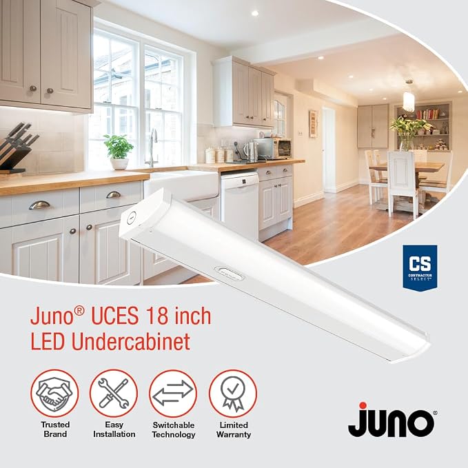Juno UCES 18 Inch LED Under Cabinet Lighting, LED Kitchen Cabinet Light Fixture Hardwired, Dimmable, Damp Rated, Selectable Soft, Warm, Neutral, Cool, Daylight White Light (UCES 18IN SWW5 90CRI WH M6)