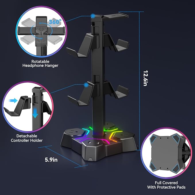 KDD Gaming RGB Headphones Stand & RGB Headphone Stand with USB Charger - Rotatable Headset Stand with 9 Light Modes - Headphone Holder with 2 USB Charging Ports and 3 AC Outlets