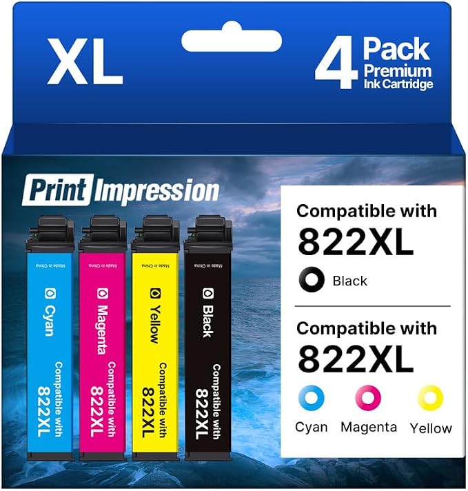 Remanufactured for 822XL Ink Cartridges Compatible with Epson 822XL Ink Cartridges Combo Pack Use for Epson WF-3820 Printer Workforce Pro WF-4820 WF-4830 WF-3823 WF-4834 (Black Cyan Magenta Yellow)
