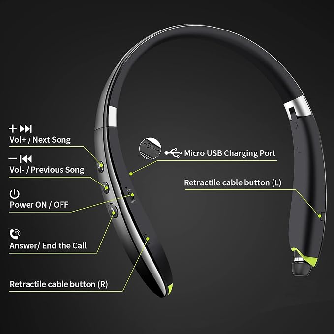 Bluetooth Headset, 2026 Upgraded Neckband Bluetooth Headphones with Retractable Earbuds, Noise Cancelling Stereo Earphones with Mic, Foldable Wireless Headphones for Sports Office w/Carry Case(Black)