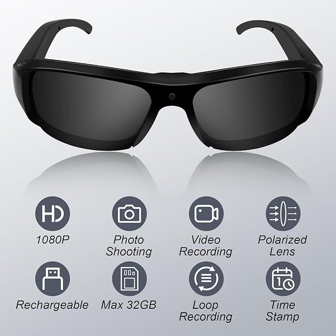 Camera Sunglasses Sports Action Smart Glasses Cam 1080P Video Camera Glasses UV Protection Polarized Lens Support Photos/Videos Recording mit 32GB Micro SD Card & Card Reader for Outdoor Activities
