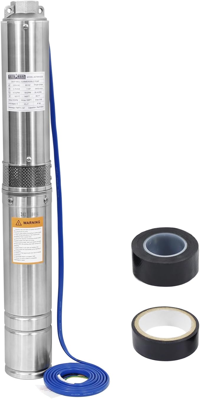 WASSERMANN 4" Deep Well Submersible Pump with 10FT Cable,1HP,115V/60HZ,34GPM,196FT Head,Stainless Steel Single-Phase Water Well Pump for Cities Farmland Irrigation and Home Use