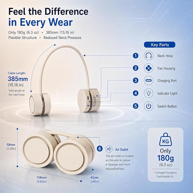 Portable Necklace Neck Fan for Teens & Adults, Lightweight 6.3 oz Wearable Fan, Rechargeable Foldable Hands-Free Mini Neck Fan with 360° Adjustable Airflow for Travel, Office, Commuting