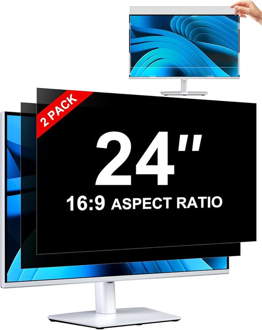 [2-Pack] Privacy Screen For Computer Monitor, 24-Inch 16:9 Aspect Ratio; Anti Spy/Bule Light/Glare And Eye Protection, 2 Install Ways Removable For Office, Airport, Cafe And Other Public Area; Diagonal 24 Inches, Width 20.92 Inches, Height 11.77 Inches