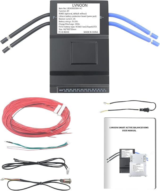 LB2A Smart Active Balancer BMS for Li-ion NCM LFP LiFePo4 LTO Battery Management System 7S 8S 10S 12S 15S 16S 20S 21S 24S 200A with APP Control 24V 48V 60V 72V (7-20S with Heat + CAN, 200A)