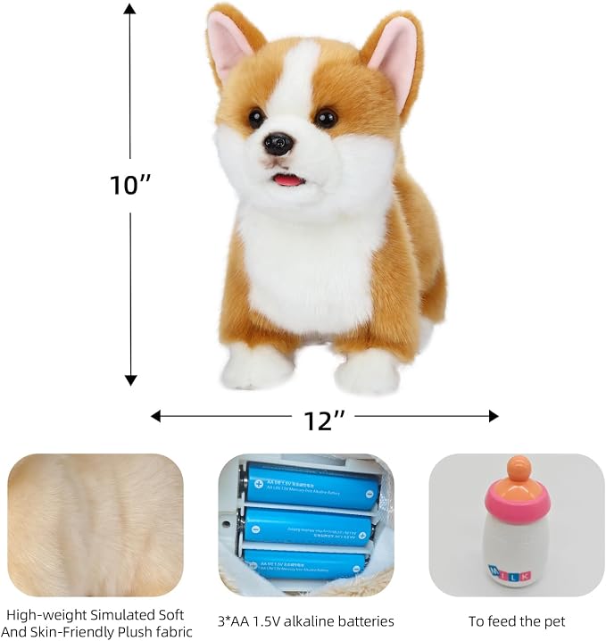 CU-MATE 12" Electric Plush Dog Toys, Electronic Stuffed Animal Dog Toy, Interactive Wuffy Robot Toy, Walking, Talking, Barking & Wagging Tail, Gifts for Boys and Girls (Corgis)