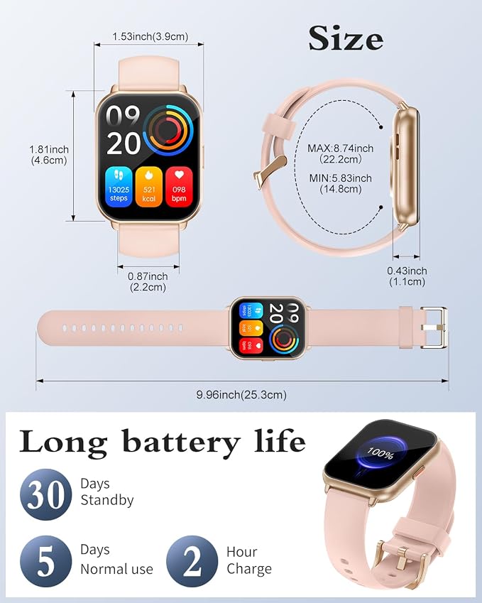 RUIMEN Smart Watches for Women Men (Answer/Make Calls, 2 Bands Included), 1.8" Smartwatch for iOS/Android Phones, Fitness Tracker Heart Rate/Sleep Monitor Digital Watch Waterproof (Pink)