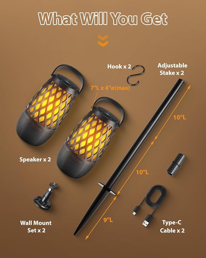 Outdoor Bluetooth Speakers Waterproof Wireless Outdoor Speakers with Flame Lights, Tech Gadgets Gift for Men Dad Her, Multi-Sync up to 100 Speakers, HD Stereo Sound, IPX5 for Patio Porch Party
