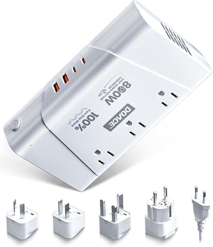 DOACE 800W 220V to 110V Voltage Converter, White | 800W Voltage Converter, 220V to 110V, 2 USB-C + 2 USB-A, For Europe, UK, US & Australia