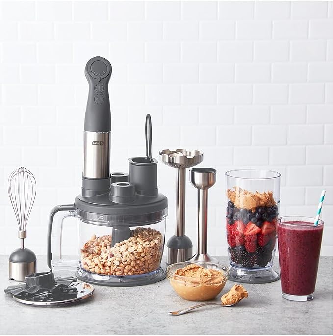 Dash Chef Series Deluxe Immersion Hand Blender Set, 5 Speed, 330W with Food Processor, Whisk, Masher & Dough Hook Attachments, Stainless Steel Blades for Soups, Sauces, Smoothies & Purées - Cool Grey