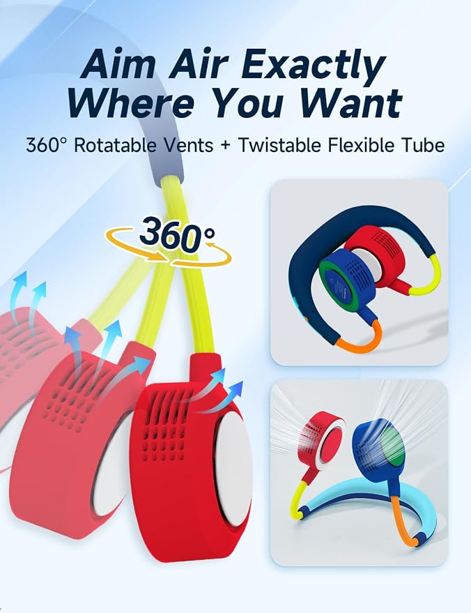 Portable Neck Fan - Hands Free Personal Face Fan, 5 Speeds Rechargeable Wearable Cooling Fan, Flexible Foldable Small Thin Quiet Neck Cooler for Travel, Work, Hot Flashes (Dark Blue Red)