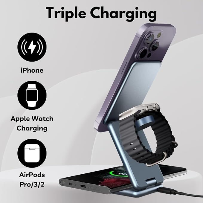 3 in 1 Nightstand Wireless Charger Compatible with iPhone, AirPod and Apple Watch Ultra 3, 2, 1 - Fast Wireless Charger Compatible with MagSafe and Night Stand Mode