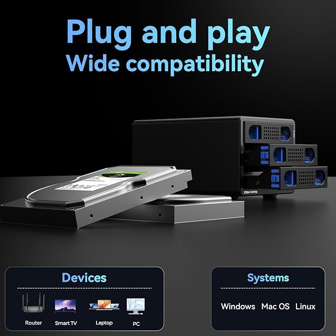 CENMATE Aluminum 3 Bay 10Gbps Hard Drive Enclosure with Cooling Fan for 2.5“/3.5" SATA HDD/SSD with USB A/C 3.2 Gen 2, Support Hot Swappable, Tool-Free HDD Enclosure, DAS(NO RAID/NAS)