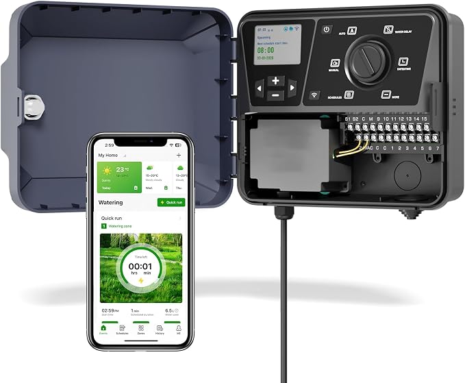 Outdoor Smart Sprinklers Controller 2.4GHz WiFi, Irrigation Controller Easy Use App Enabled, 16 Zones + 16 Plans, Save Water Auto Skip Rain, Freeze & Wind, 10 Minutes Install