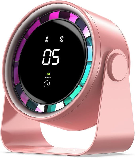 Small Desk Fan, Ultra-Quiet Desktop Air Circulator, Touch Screen Control, Multi-Speed Desktop Fan with LED Light, Quiet Table Fan for Bedroom, USB Rechargeable Small Fan for Desk (Pink)