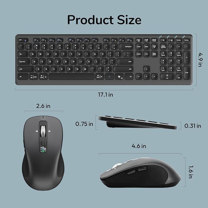 Wireless Keyboard Mouse Combo, Scissor-Switch Keys, 2-in-1 USB Receiver and Two Bluetooth, Multi Device Silent Design for Computer, Laptop, MacBook and iPad (Graphite)