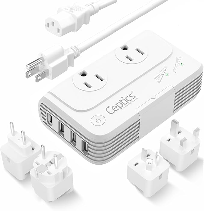 Ceptics 200W Voltage Converter – 220V to 110V Converter for Curling Iron & Straightener, Step Down Converter with USB-C PD 18W, Type C E/F G I Plugs
