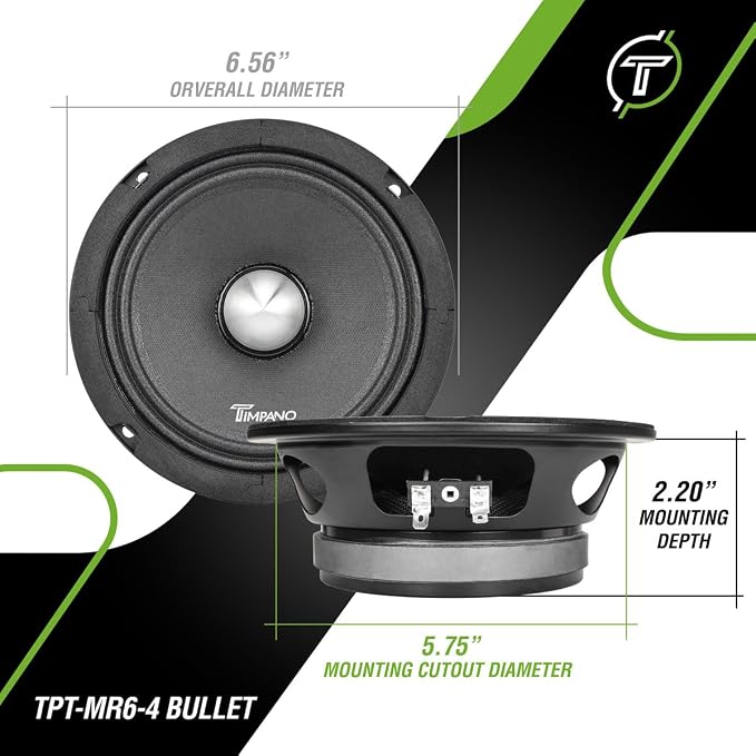 Timpano 1600 Watts Bundle 2X 6.5 Midrange Speakers TPT-MR6-4 Bullet 500 Watts, 4 Ohm + 2X Super Tweeters TPT-ST2 Chrome for Car Audio Systems (2 Speakers, 2 Tweeters)