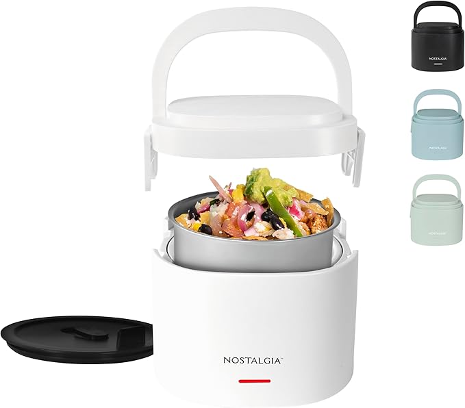 Nostalgia Portable Heated Lunch Box – 2.5-Cup Stainless Steel Food Warmer – Detachable Cord, Leak-Proof Lid, Carry Handle – Portable for Work & Travel – Frosted White