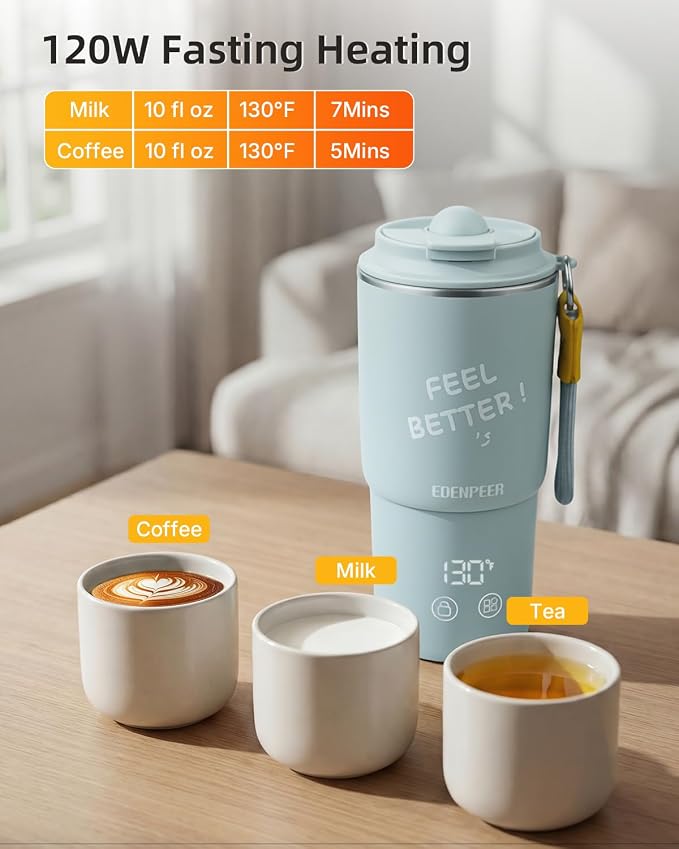 Self Heating Coffee Mug – 14oz Portable Heated Coffee Mug, 120W Fast Heating, 120°F-150°F Temp Control, 8H Heat Retention, Leak-Proof Lid, for Car, Home, Office，Gifts for Women&Men