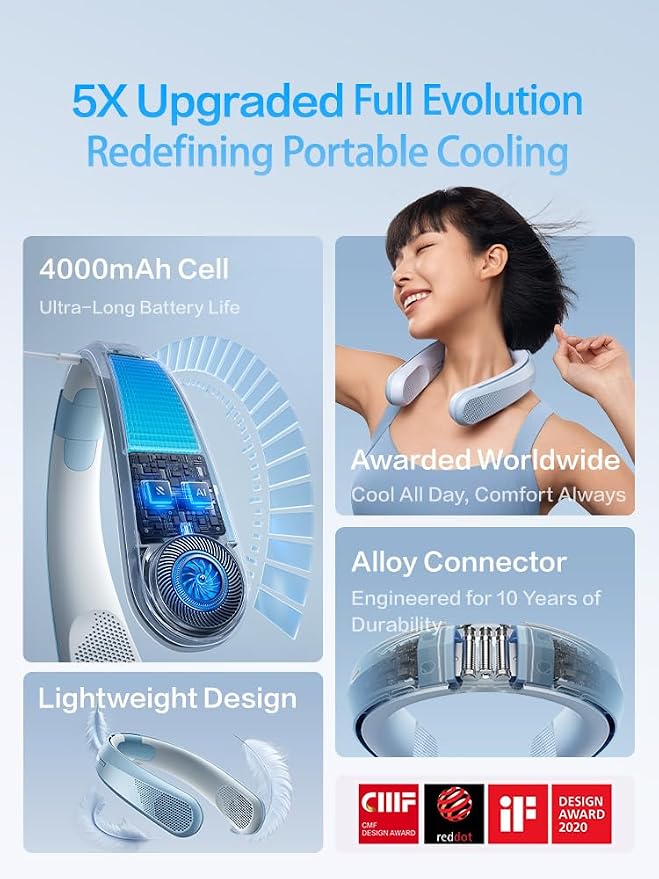 RANVOO Neck Fan, 120° Stable Adjustable Width, 360° Cooling Bladeless, Ultralight 0.7 lb, 3 Speeds, 4000mAh Battery Powered Fan, Instant Relief from Hot Flashes, Portable Outdoor Fan for Travel, White