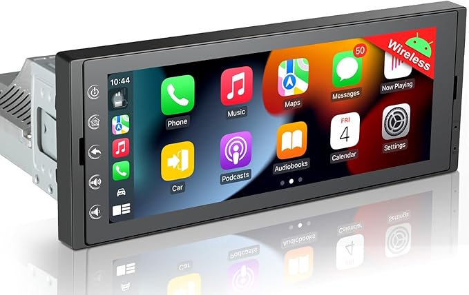 Single DIN Car Radio Android Head Unit with Wireless CarPlay Android Auto, 6.9" IPS Touchscreen Car Play Stereo with Bluetooth 5.2 WiFi USB FM/RDS SWC, Support Backup Camera