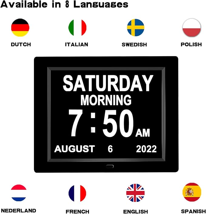 Medication Reminder Day Date Time of The Week Clock Digital Calendar Dementia for Seniors Elderly Impaired Vision Memory Loss Clock