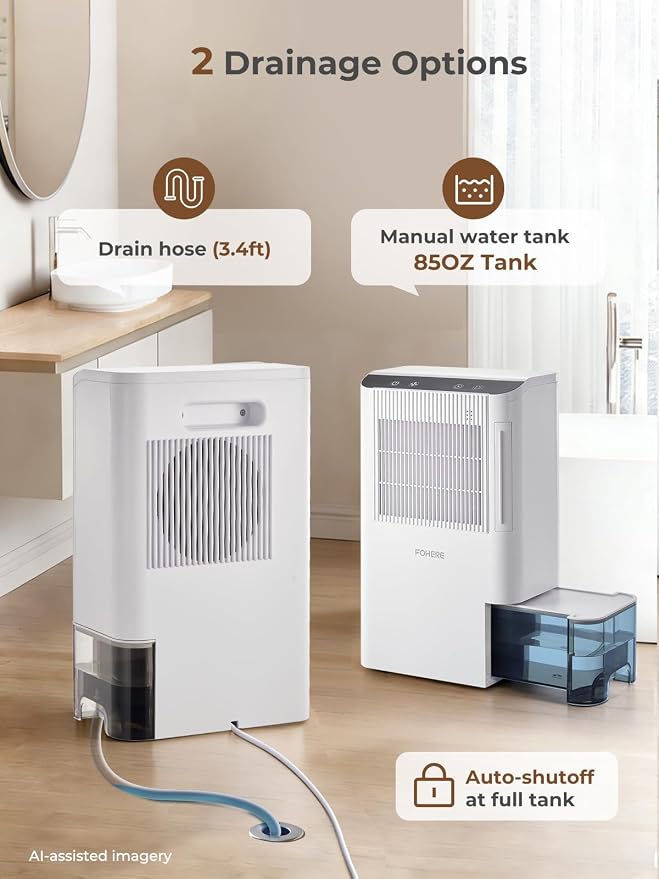 FOHERE Portable Dehumidifier for Home & RV, 85oz Water Tank & Drain Hose, Humidity Display, Sleep Mode, Auto Shut-Off, Compact Moisture Remover for Bathroom Bedroom Closet Laundry Room
