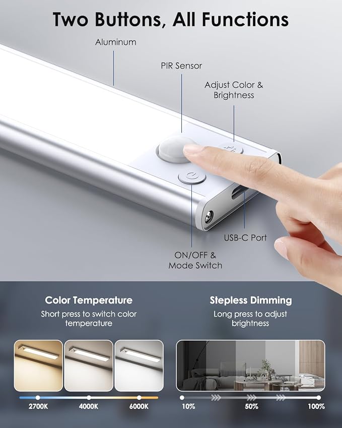 12in Under Cabinet Lighting Wireless, 2500mAh Rechargeable Motion Sensor Lights Indoor, Battery Operated Closet Lights with 3 Color Tempers 108 LED, Dimmable Cabinet Lights for Kitchen Hallway, 5 Pack