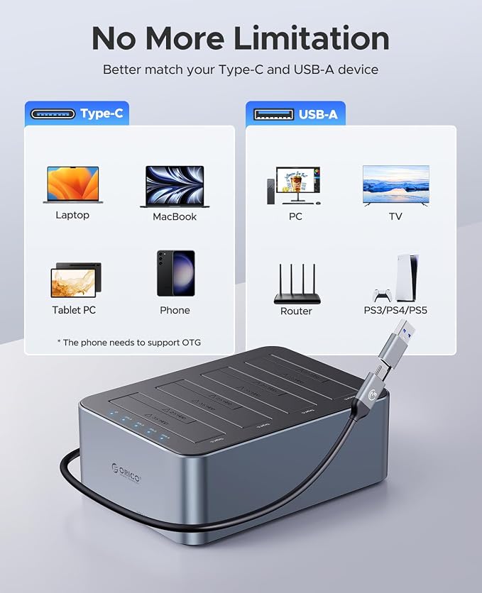 ORICO USB-C Hard Drive Docking Station with Offline Clone 4 Bay Aluminum USB 3.2 Gen 1 for 2.5''/3.5'' SSD HDD Up to 20TB(4*20) -6646C3