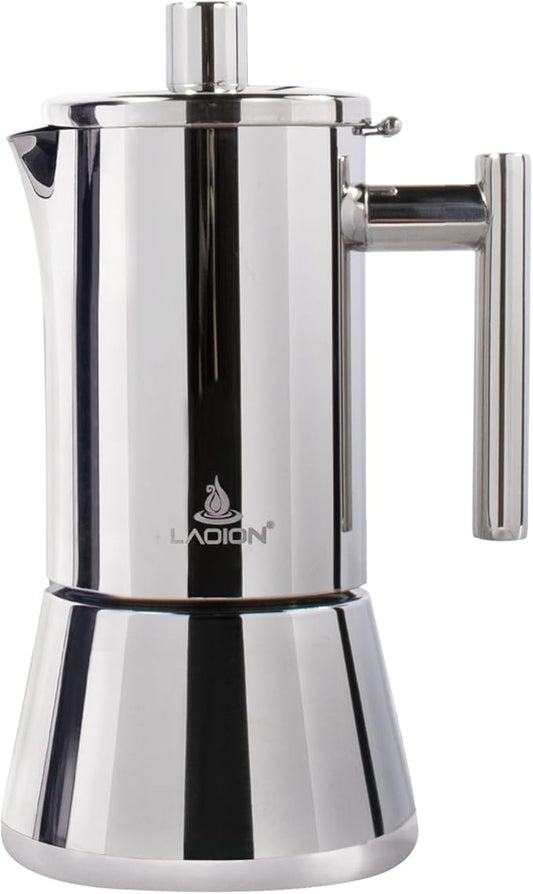 LAOION Stovetop Espresso Maker, 6Cup 10 oz Moka Pot, Stainless Steel Cuban and Italian Coffee Maker for Cafetera Cubana, Greca De Cafe Induction Stovetop Compatible, Coffee Gift for Home Travel