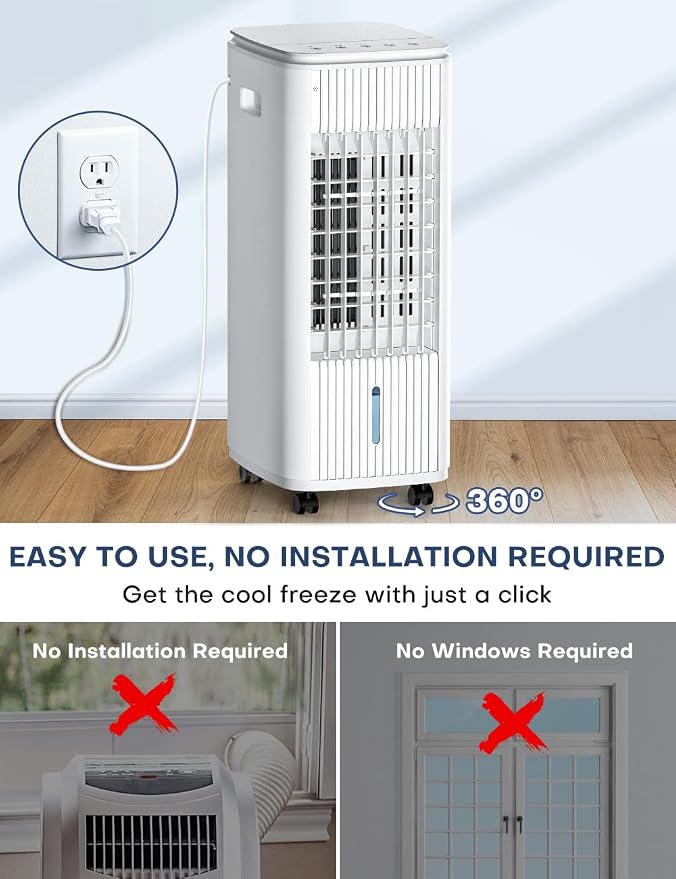 BALKO 3-IN-1 Windowless Air Conditioner w/Double Tanks, Smart Timer, 3 Ice Packs, 60W Evaporative Air Cooler, 70° Oscillation, 3-Speed 25-INCH Swamp Cooler Air Conditioner Portable for Room
