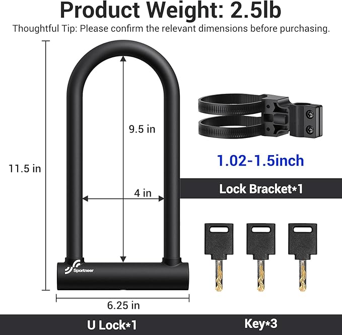 Sportneer Bike U Lock - 18mm Shackle Heavy Duty Anti Theft Bike Locks with 3 Keys - Bicycle U-Locks with Sturdy Mounting Bracket for Road, Mountain, Electric & Folding Bike, Size 11.5''x6.25''