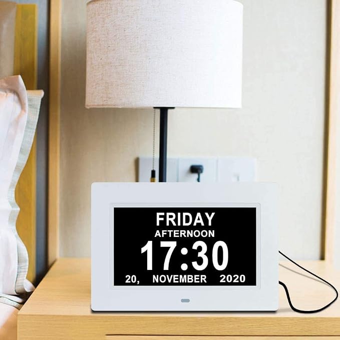 Digital Clock Large Display for Seniors 8 Alarm Non-Abbreviated Day Date Calendar Clock with AM PM Auto-Brightness, Dementia Clock for Senior Elderly Vision Impaired Memory Loss Alzheimers(7 inch)