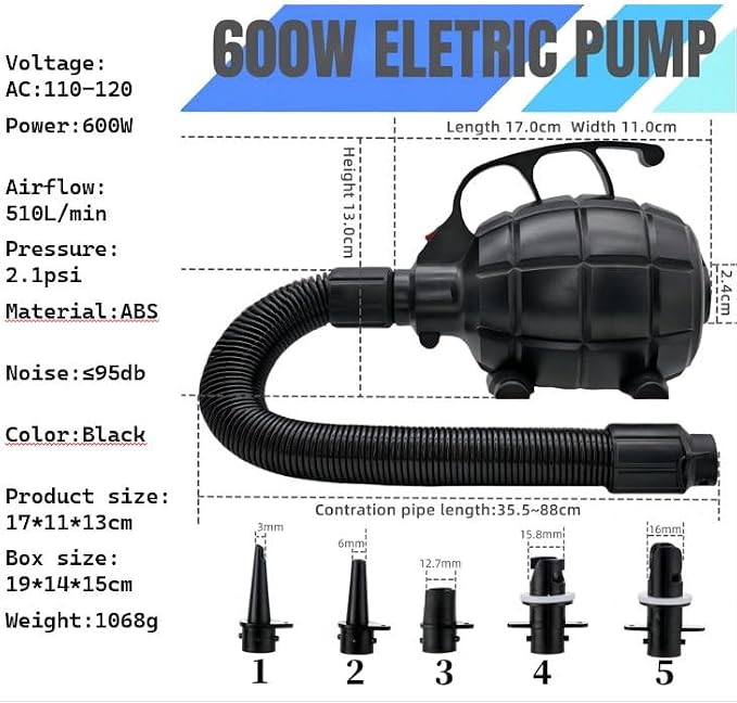 Electric Air Pump for Inflatables, Quick Fill Inflator/Deflator, 5 Nozzles,110-120V AC, 600W